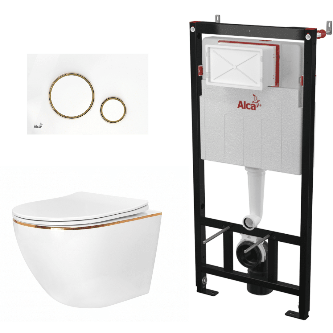 Set vas WC suspendat REA Carlo Gold Edge cu rezervor si clapeta alb si auriu Alcaplast imagine 2022 by aka-home.ro