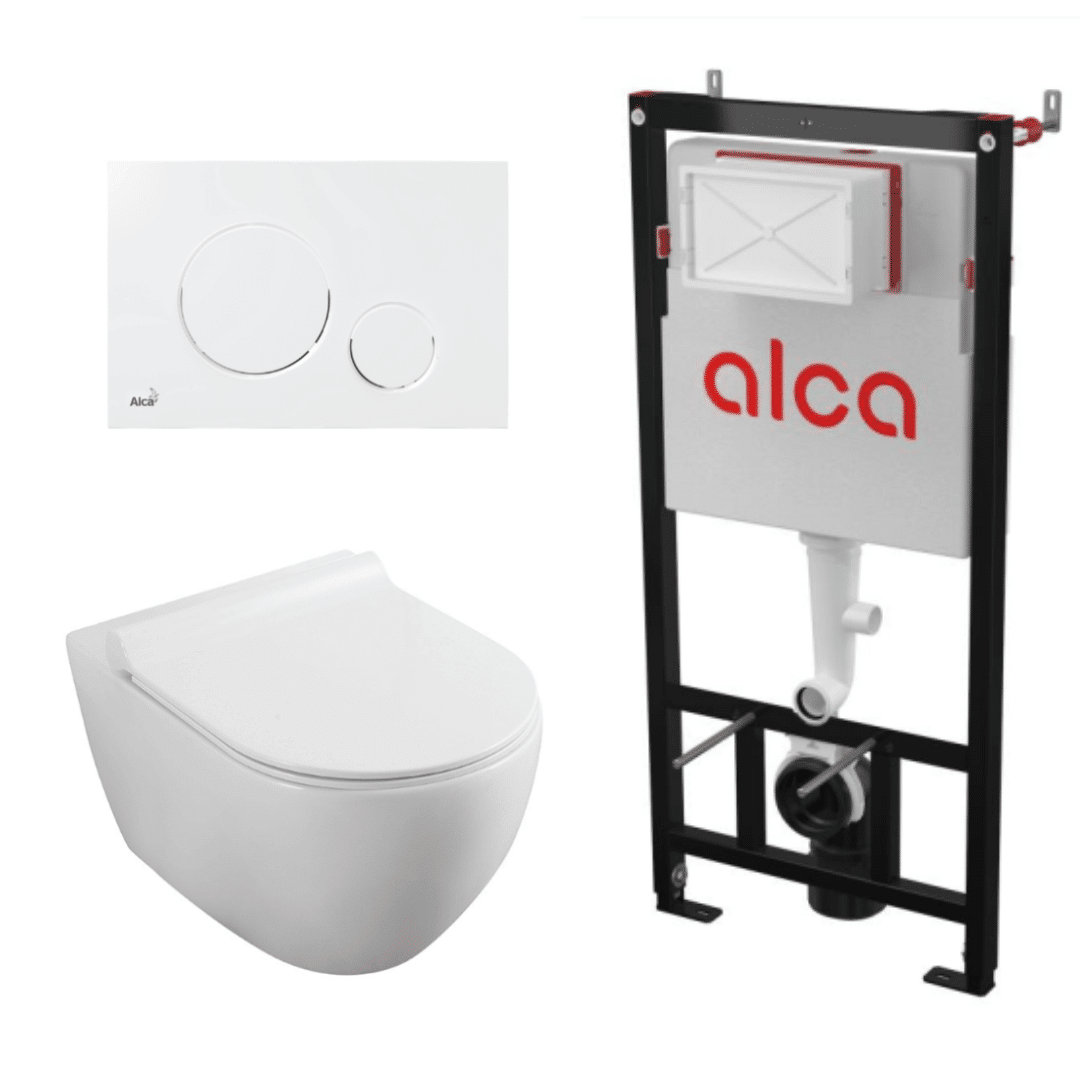 Untitled design 2023 05 10T091736.431 Set vas WC suspendat Fluminia Minerva Alb cu rezervor Alcadrain si clapeta alba