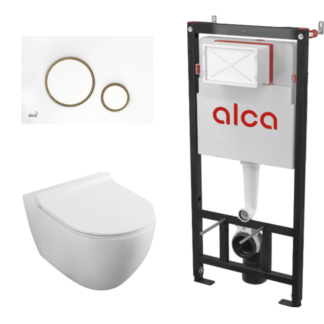 Set vas WC suspendat Fluminia Minerva Alb cu rezervor Alcadrain si clapeta alb si auriu ||Rezervoare