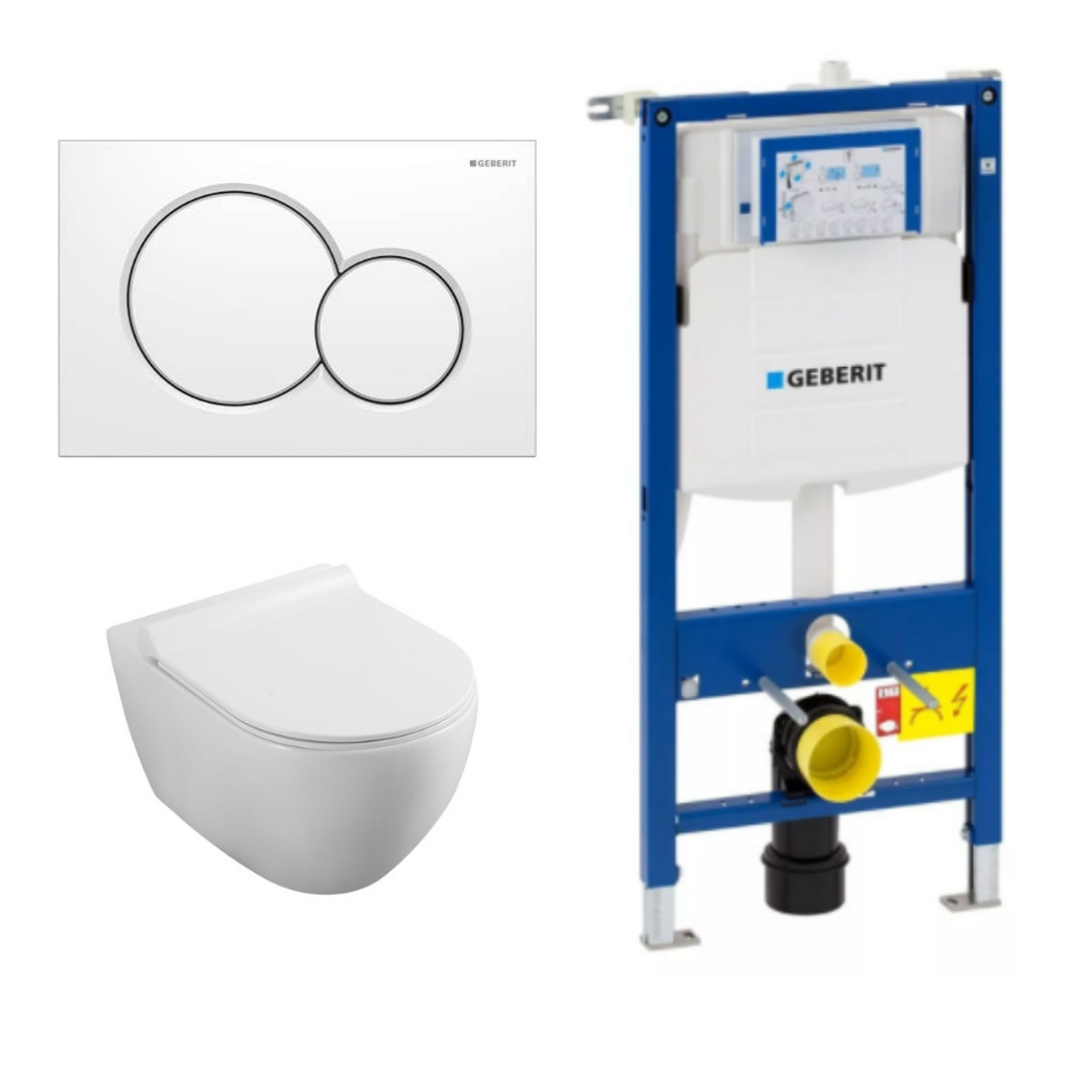 Set rezervor Geberit Sigma cu vas WC suspendat Fluminia Minerva Alb si clapeta alba Fluminia