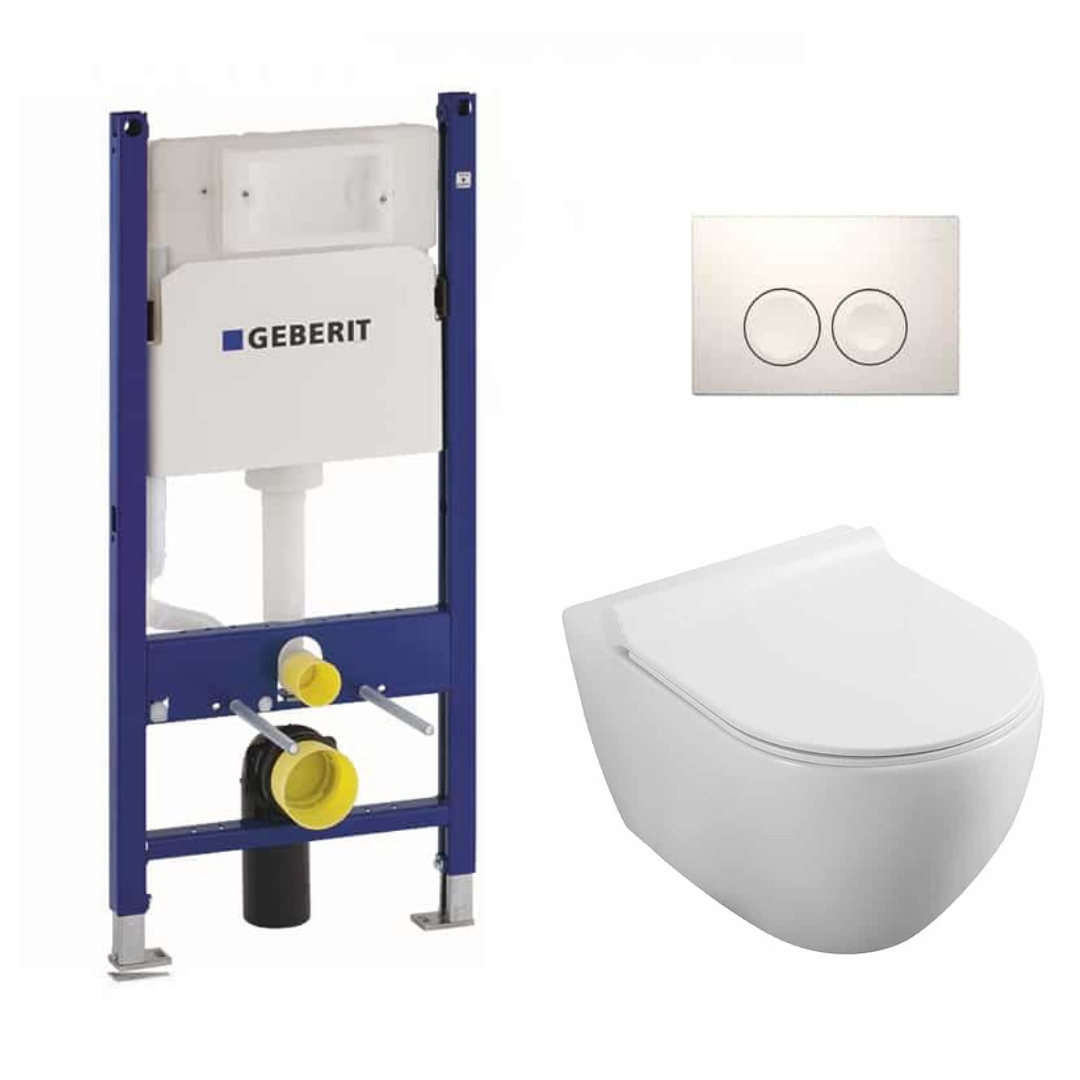 Set rezervor Geberit Delta Duofix cu vas WC suspendat Fluminia Minerva Alb si clapeta alba Geberit