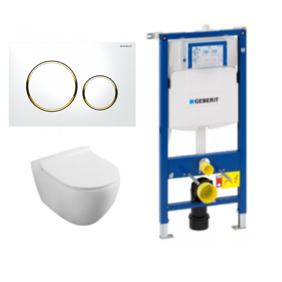 Set rezervor Geberit Sigma cu vas WC suspendat Fluminia Minerva Alb si clapeta alb-auriu Fluminia