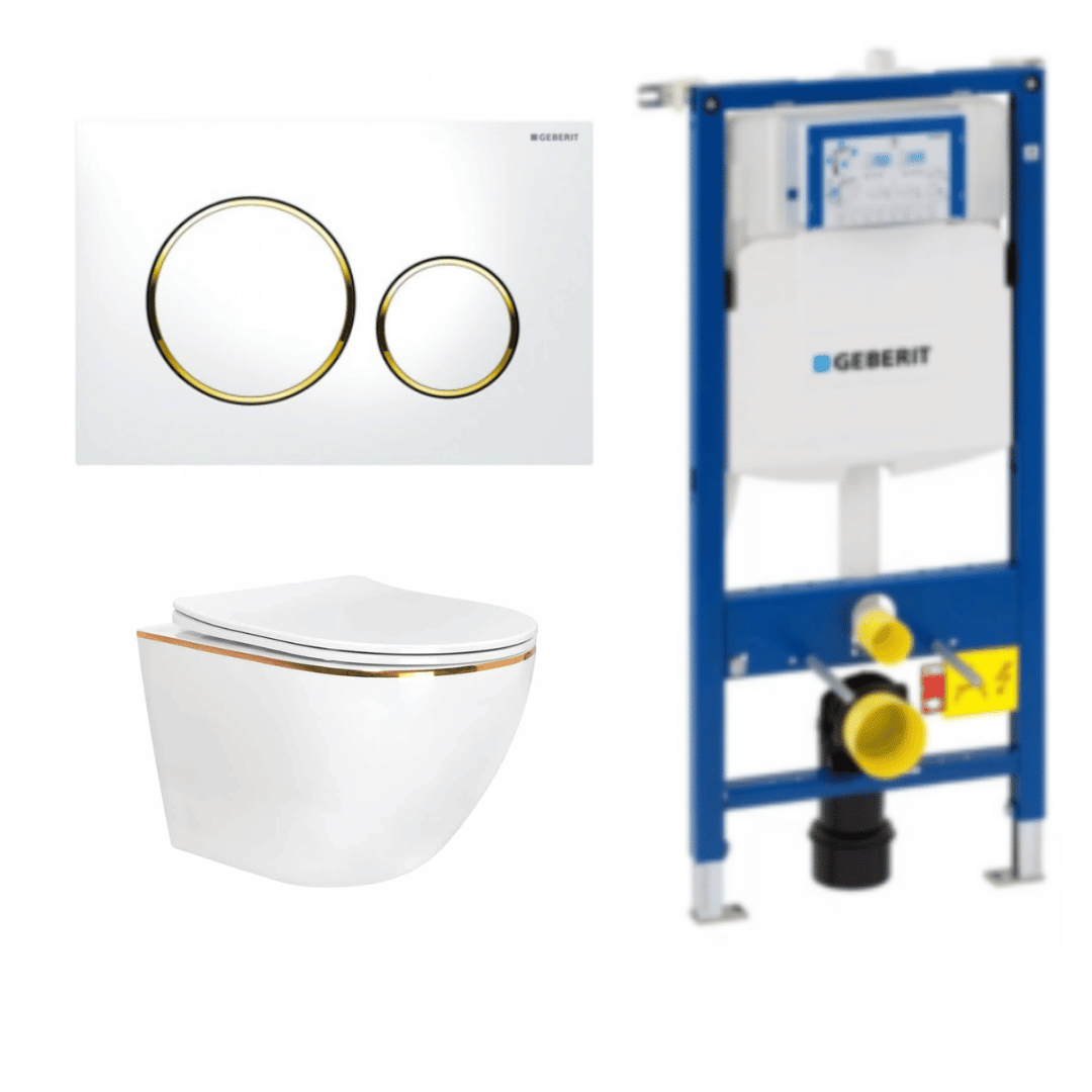 Set rezervor Geberit Sigma cu vas WC suspendat Rea Carlo Gold Edge si clapeta alba cu auriu alba
