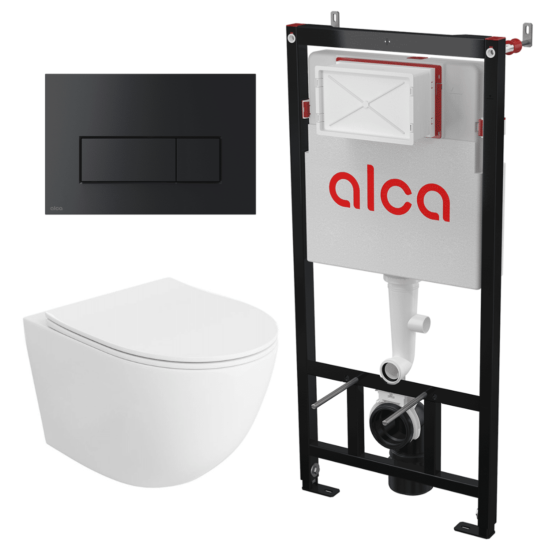 1 11 Set vas WC suspendat Matilda Alb cu rezervor Alcadrain si clapeta negru mat