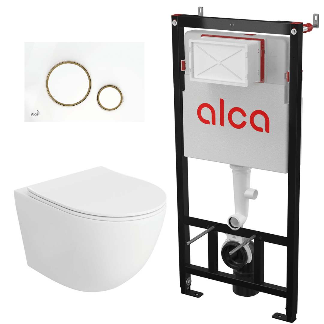 Design fara titlu 83 Set vas WC suspendat Matilda Alb cu rezervor Alcadrain si clapeta alb si auriu