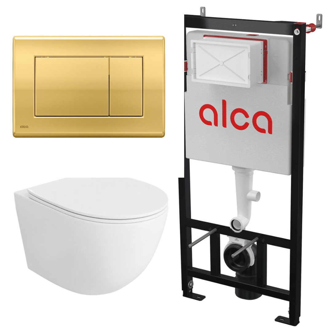 Untitled design 2023 04 25T101353.240 Set vas WC suspendat Matilda Alb cu rezervor Alcadrain si clapeta Auriu M275