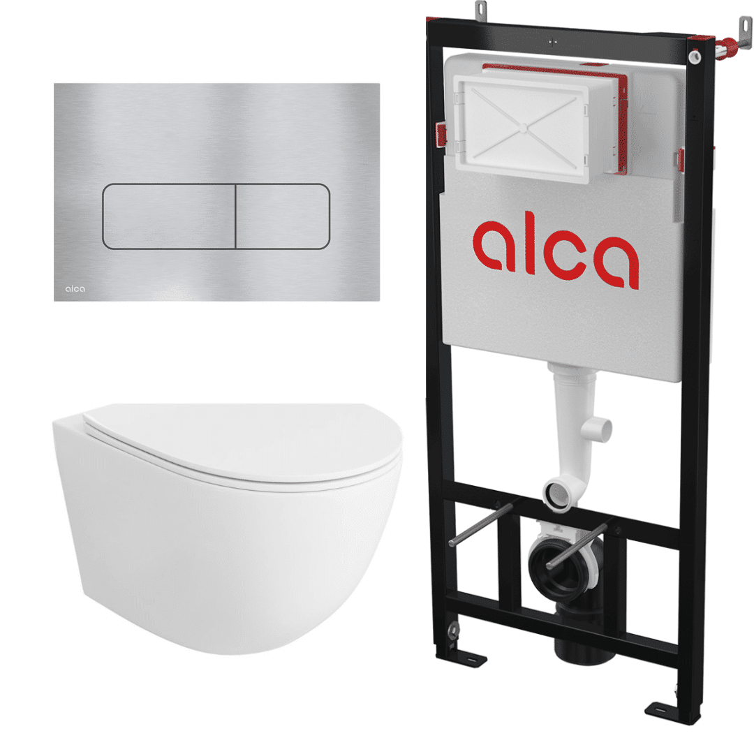 Untitled design 2023 04 25T121707.173 Set vas WC suspendat Matilda Alb cu rezervor Alcadrain si clapeta Aluminiu Mat MOON